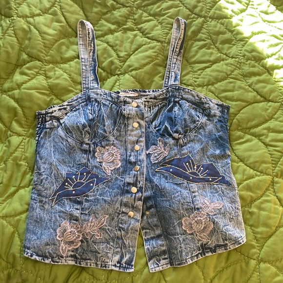 Tops - Denim Floral Embroidered Button-Up Top